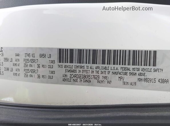 2C4RDGEG8KR517629 2019 DODGE GRAND CARAVAN Белый Вид подкапотного пространства