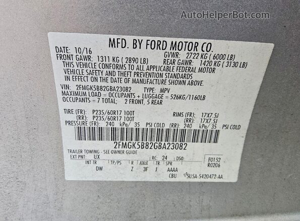 2FMGK5B82GBA23082 2016 FORD FLEX Silver Вид наклейки з VIN-кодом