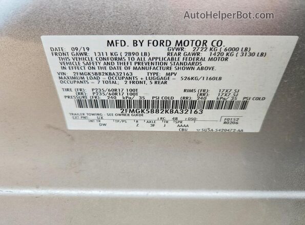 2FMGK5B82KBA32163 2019 FORD FLEX Silver VIN կոդի պիտակի տեսք