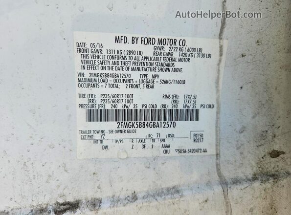 2FMGK5B84GBA12570 2016 FORD FLEX White Вид наклейки з VIN-кодом