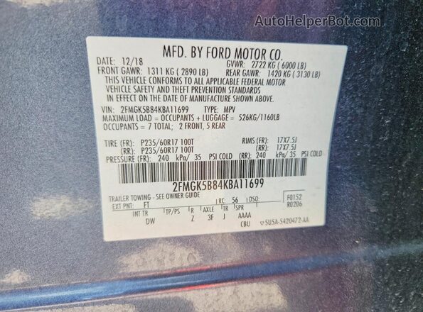 2FMGK5B84KBA11699 2019 FORD FLEX Синий Вид наклейки с VIN-кодом