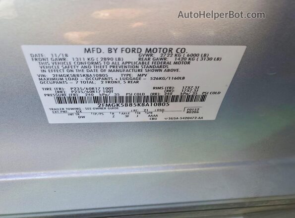 2FMGK5B85KBA10805 2019 FORD FLEX Silver Vista de la etiqueta del VIN