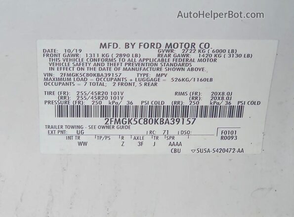 2FMGK5C80KBA39157 2019 FORD FLEX White Vista de la etiqueta del VIN