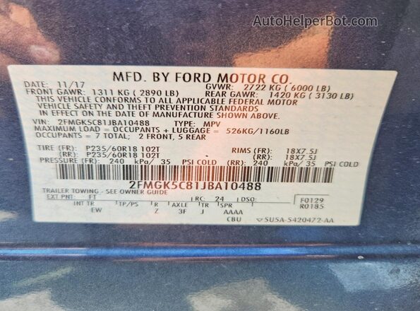 2FMGK5C81JBA10488 2018 FORD FLEX Blue Vista de la etiqueta del VIN