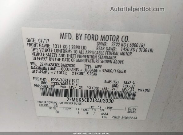 2FMGK5C82JBA02030 2018 FORD FLEX White Widok komory silnika