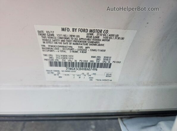 2FMGK5C84HBA07496 2017 FORD FLEX White VIN კოდის სტიკერის ხედი