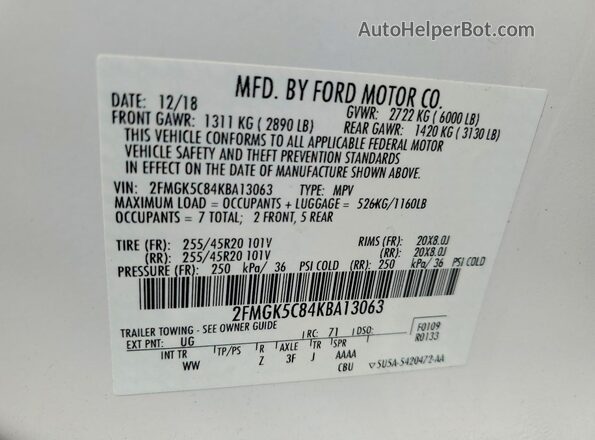 2FMGK5C84KBA13063 2019 FORD FLEX White Вид наклейки з VIN-кодом