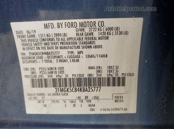 2FMGK5C84KBA25777 2019 FORD FLEX Blue VIN კოდის სტიკერის ხედი
