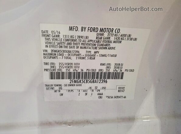 2FMGK5C85GBA12396 2016 FORD FLEX White Вид наклейки з VIN-кодом
