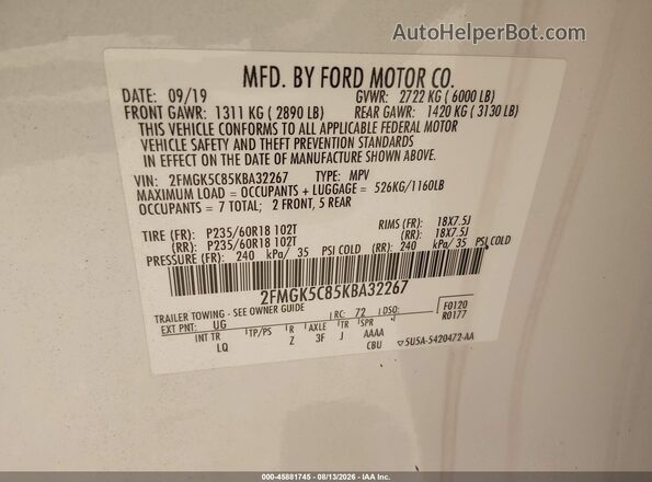2FMGK5C85KBA32267 2019 FORD FLEX White Շարժիչի բաժամունքի տեսք