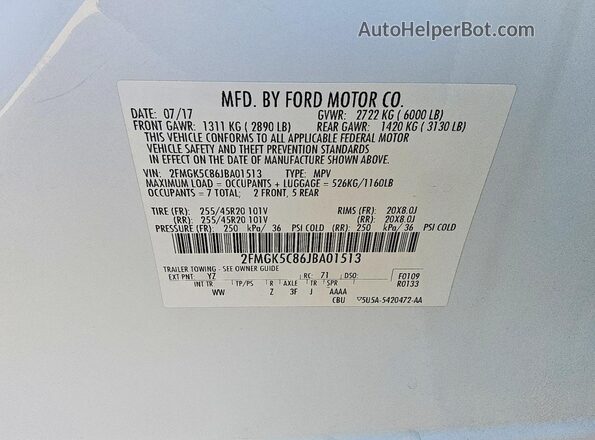 2FMGK5C86JBA01513 2018 FORD FLEX White VIN կոդի պիտակի տեսք