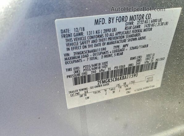 2FMGK5C86KBA11590 2019 FORD FLEX Silver Вид наклейки з VIN-кодом