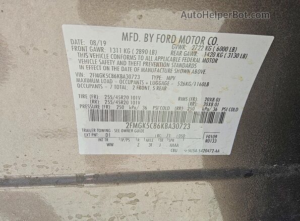 2FMGK5C86KBA30723 2019 FORD FLEX Tan VIN კოდის სტიკერის ხედი