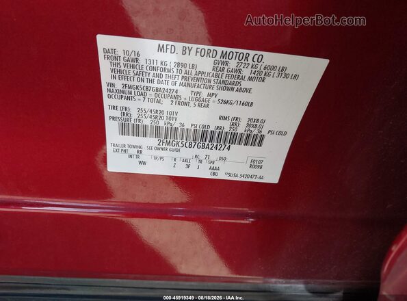 2FMGK5C87GBA24274 2016 FORD FLEX Red Вид підкапотного простору