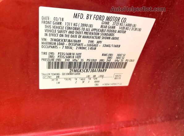 2FMGK5C87JBA18689 2018 FORD FLEX Red VIN კოდის სტიკერის ხედი