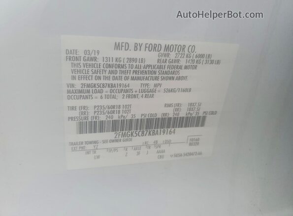 2FMGK5C87KBA19164 2019 FORD FLEX White Vista del compartimento del motor