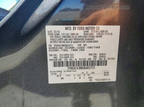 2FMGK5C88GBA05751 2016 FORD FLEX Gray Vista de la etiqueta del VIN