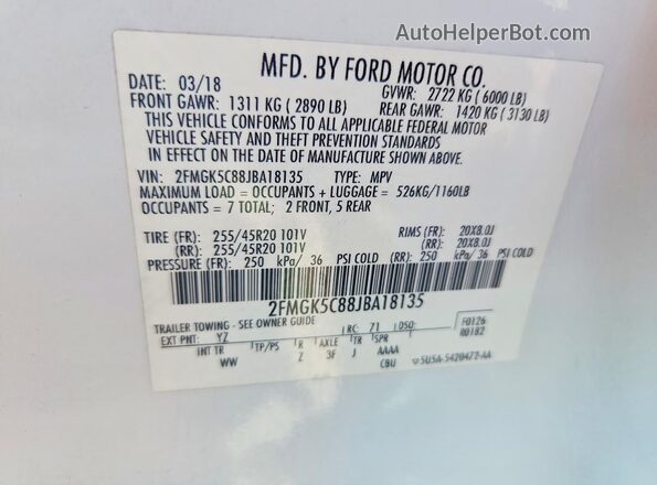 2FMGK5C88JBA18135 2018 FORD FLEX White VIN კოდის სტიკერის ხედი