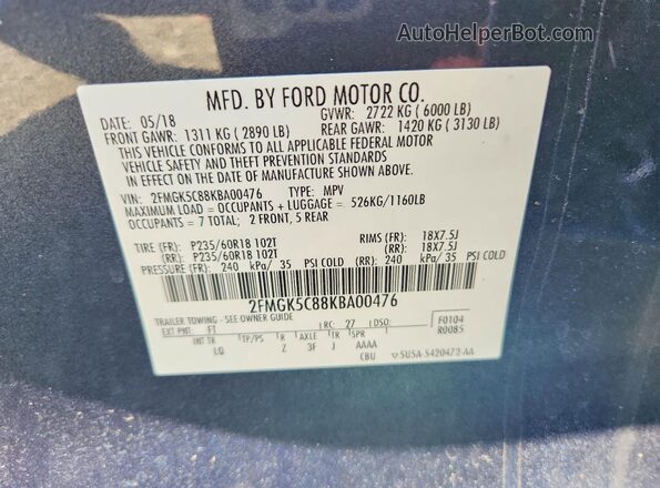 2FMGK5C88KBA00476 2019 FORD FLEX Blue Widok naklejki z numerem VIN