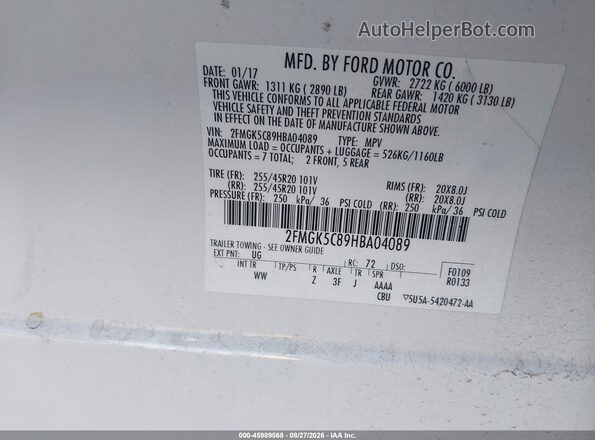 2FMGK5C89HBA04089 2017 FORD FLEX Белый Вид подкапотного пространства