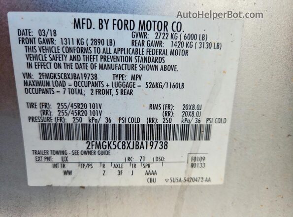 2FMGK5C8XJBA19738 2018 FORD FLEX Silver Вид підкапотного простору