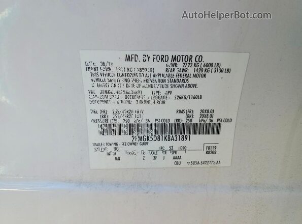 2FMGK5D81KBA31891 2019 FORD FLEX White VIN კოდის სტიკერის ხედი
