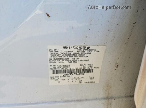 2FMGK5D82GBA02598 2016 FORD FLEX White Շարժիչի բաժամունքի տեսք
