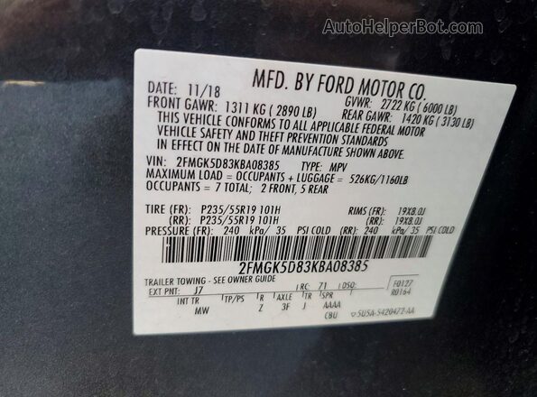 2FMGK5D83KBA08385 2019 FORD FLEX Charcoal Vista interior de 360 grados