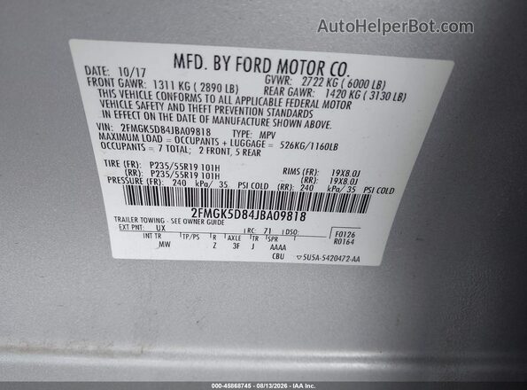 2FMGK5D84JBA09818 2018 FORD FLEX Silver ძრავის განყოფილების ხედი