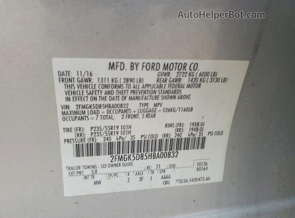 2FMGK5D85HBA00832 2017 FORD FLEX Серебряный Вид подкапотного пространства