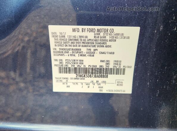 2FMGK5D87JBA08808 2018 FORD FLEX Blue VIN კოდის სტიკერის ხედი