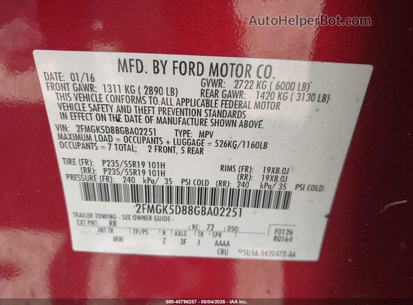 2FMGK5D88GBA02251 2016 FORD FLEX Red Engine compartment view