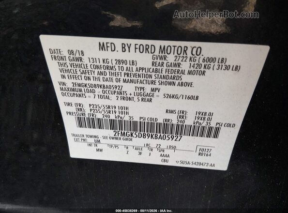 2FMGK5D89KBA05927 2019 FORD FLEX Black Widok komory silnika