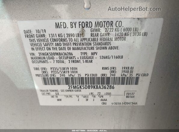 2FMGK5D89KBA36286 2019 FORD FLEX Silver Engine compartment view