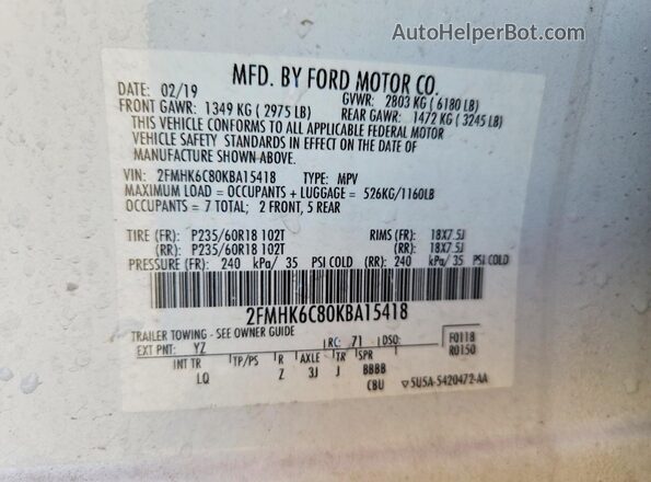 2FMHK6C80KBA15418 2019 FORD FLEX White VIN կոդի պիտակի տեսք
