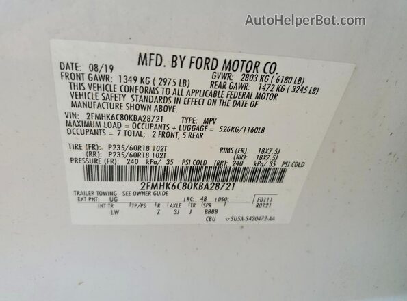2FMHK6C80KBA28721 2019 FORD FLEX White Панорамний вид салону 360°