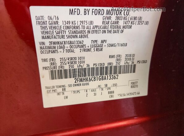 2FMHK6C81GBA13362 2016 FORD FLEX Красный Панорамный вид салона 360°