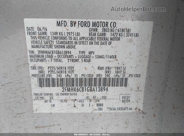 2FMHK6C81GBA13894 2016 FORD FLEX Silver Շարժիչի բաժամունքի տեսք
