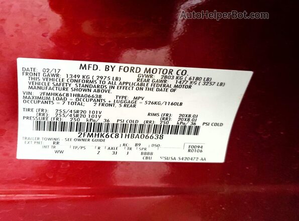 2FMHK6C81HBA06638 2017 FORD FLEX Red VIN կոդի պիտակի տեսք