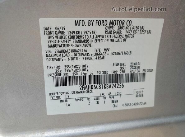 2FMHK6C81KBA24256 2019 FORD FLEX Silver VIN კოდის სტიკერის ხედი