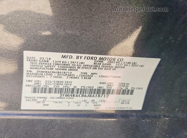 2FMHK6C86JBA18712 2018 FORD FLEX Gray Widok naklejki z numerem VIN