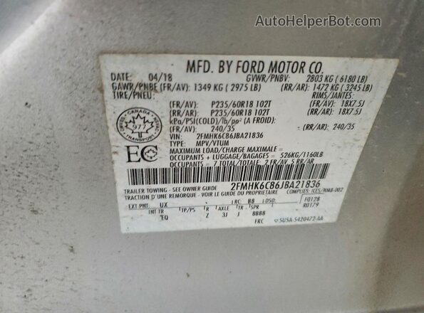 2FMHK6C86JBA21836 2018 FORD FLEX Серебряный Вид наклейки с VIN-кодом
