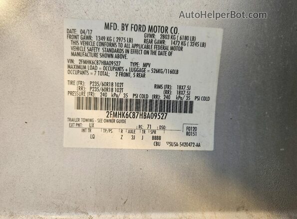2FMHK6C87HBA09527 2017 FORD FLEX Silver VIN კოდის სტიკერის ხედი
