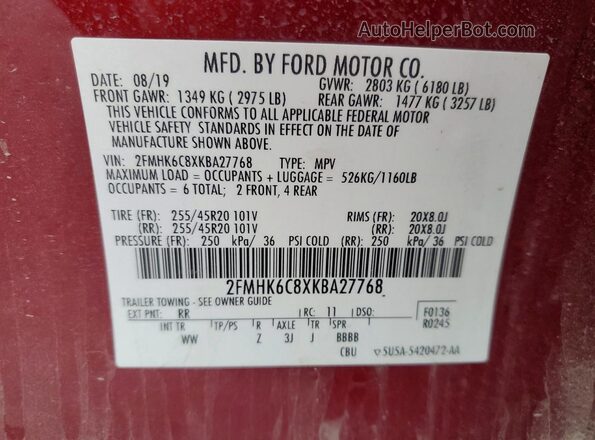 2FMHK6C8XKBA27768 2019 FORD FLEX Red Vista de la etiqueta del VIN