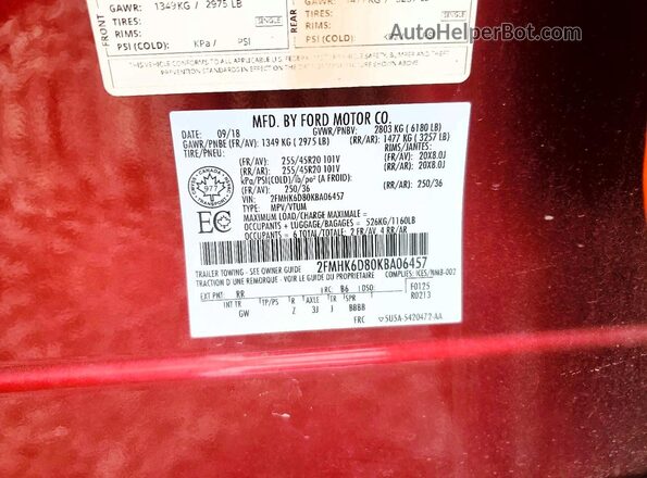 2FMHK6D80KBA06457 2019 FORD FLEX Orange VIN կոդի պիտակի տեսք
