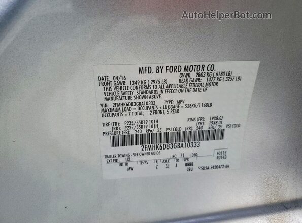 2FMHK6D83GBA10333 2016 FORD FLEX Silver Vista de la etiqueta del VIN