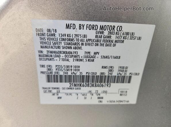 2FMHK6D83KBA06193 2019 FORD FLEX Silver Widok naklejki z numerem VIN