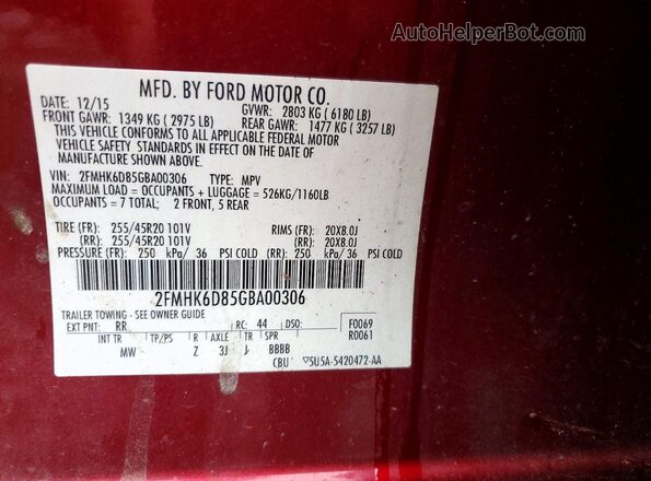 2FMHK6D85GBA00306 2016 FORD FLEX Red Vista de la etiqueta del VIN