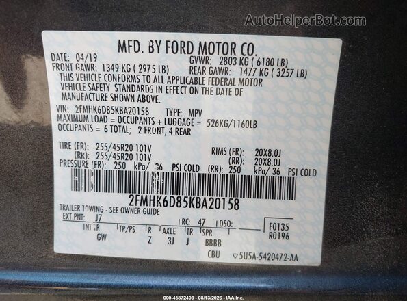 2FMHK6D85KBA20158 2019 FORD FLEX Gray Вид підкапотного простору
