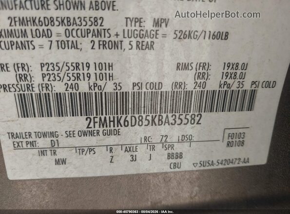 2FMHK6D85KBA35582 2019 FORD FLEX Brown Вид підкапотного простору